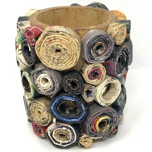 Vintage Desk Organizer, Rolled Paper Art, Pen Holder, Makeup Brush Holder